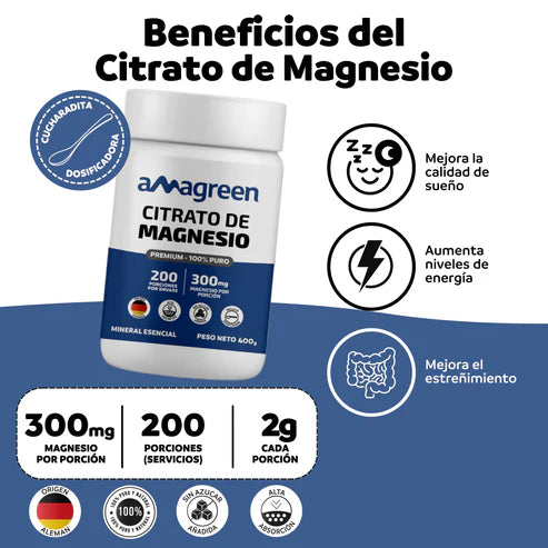 Citrato de Magnesio Premium 100% Puro Amagreen 200g, origen alemán