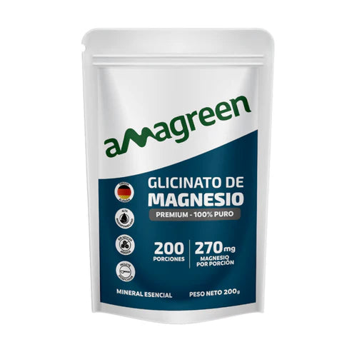 Glicinato de Magnesio (Bisglicinato) Premium 100% Puro Amagreen 200g, Alta biodisponibilidad, origen alemán