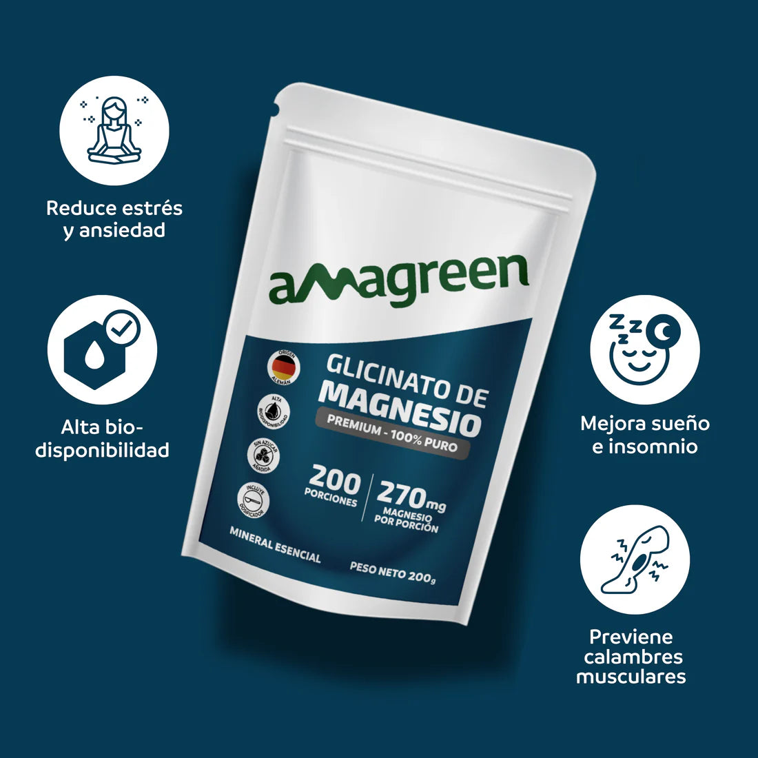 Glicinato de Magnesio (Bisglicinato) Premium 100% Puro Amagreen 200g, Alta biodisponibilidad, origen alemán