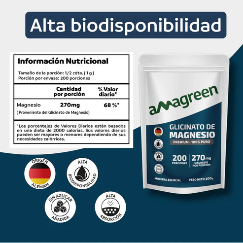 Glicinato de Magnesio (Bisglicinato) Premium 100% Puro Amagreen 200g, Alta biodisponibilidad, origen alemán