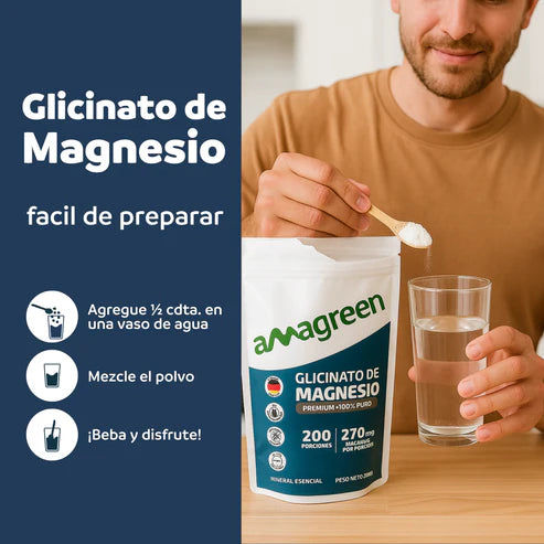 Glicinato de Magnesio (Bisglicinato) Premium 100% Puro Amagreen 200g, Alta biodisponibilidad, origen alemán