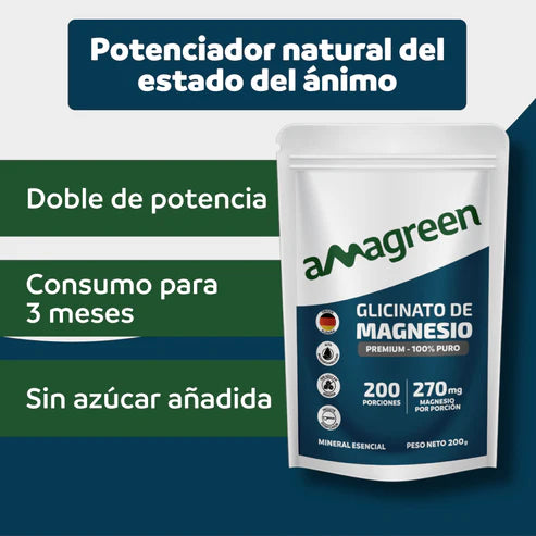Glicinato de Magnesio (Bisglicinato) Premium 100% Puro Amagreen 200g, Alta biodisponibilidad, origen alemán