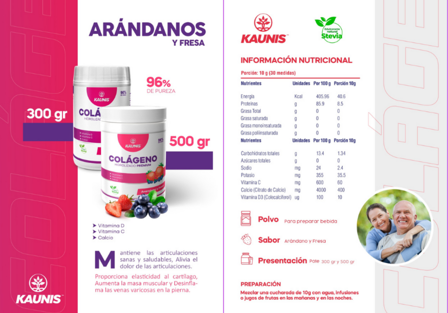 Colágeno Hidrolizado Arándano y Fresas (Vitamina D, C y Calcio) Kaunis 600g