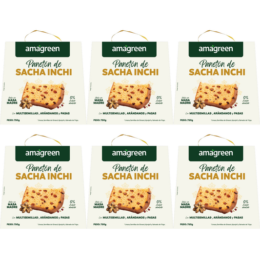 Caja x 6 Panetón de Sacha Inchi sin azúcar con multisemillas, arándanos y pasas Amagreen 750g