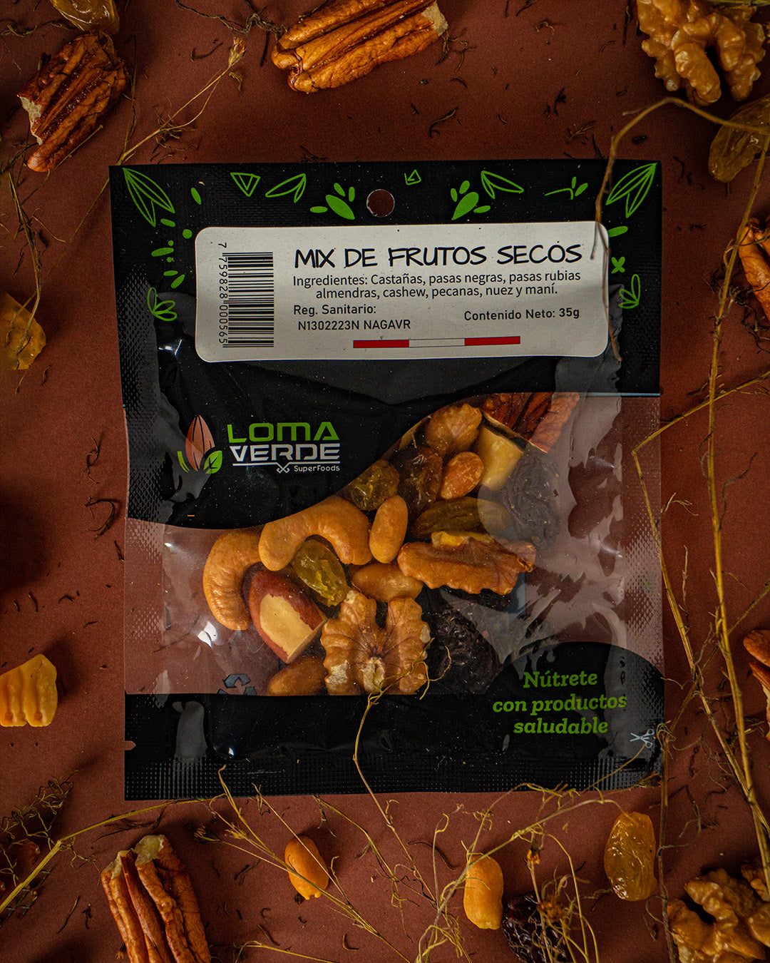 Pack Mix clásico (Castañas, pasas negras, maní, pasas  rubias, pecanas, almendras, cashew y nuez) Granos y Verdes 35 gr x 15 unid